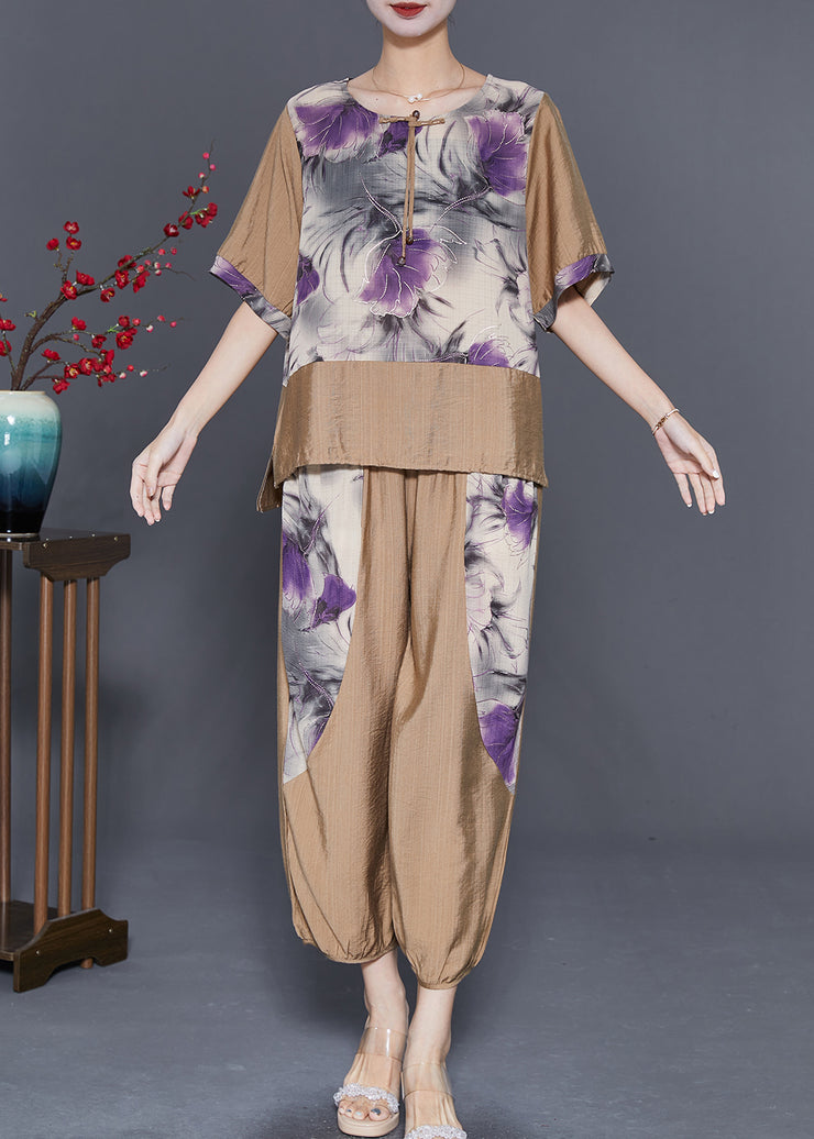 Diy Khaki Oversized Patchwork Tassel Linen Women Sets 2 Pieces Summer