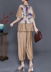 Diy Khaki Oversized Patchwork Tassel Linen Women Sets 2 Pieces Summer