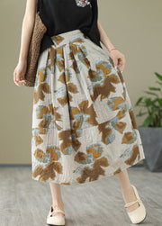Diy Khaki Print Patchwork Pockets Cotton Pleated Skirt Summer