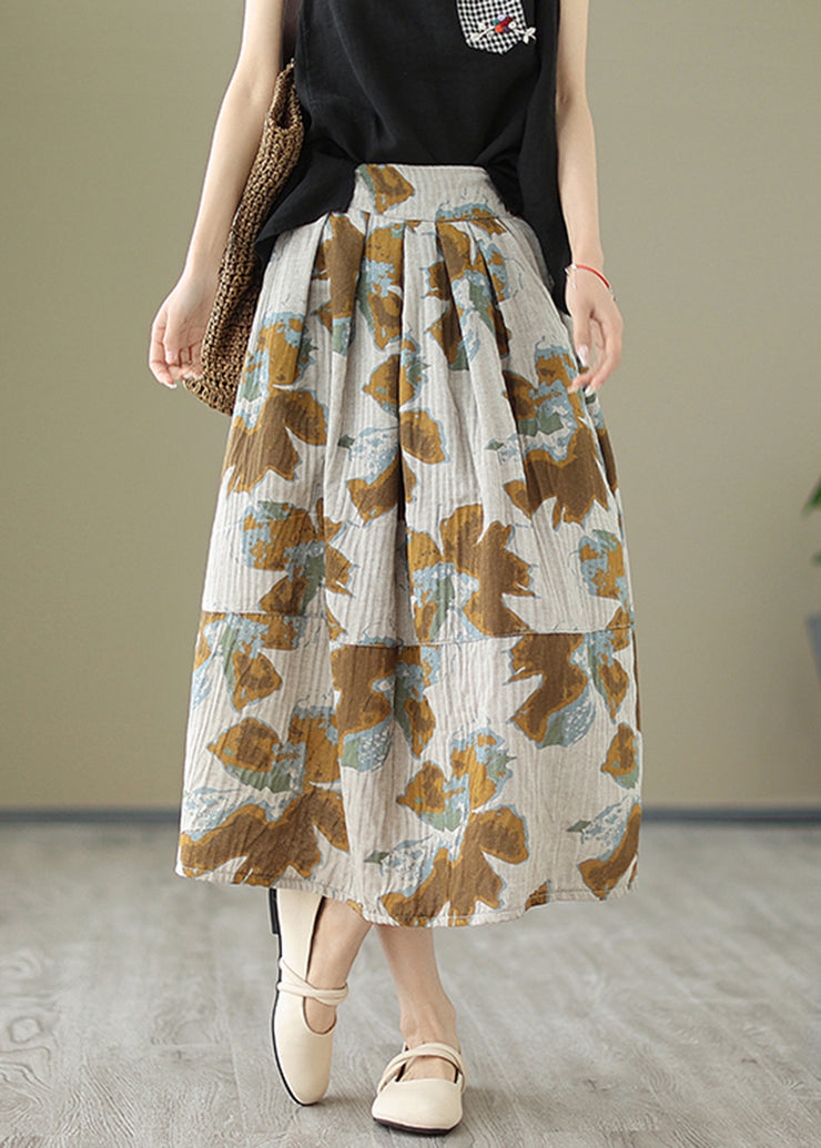 Diy Khaki Print Patchwork Pockets Cotton Pleated Skirt Summer