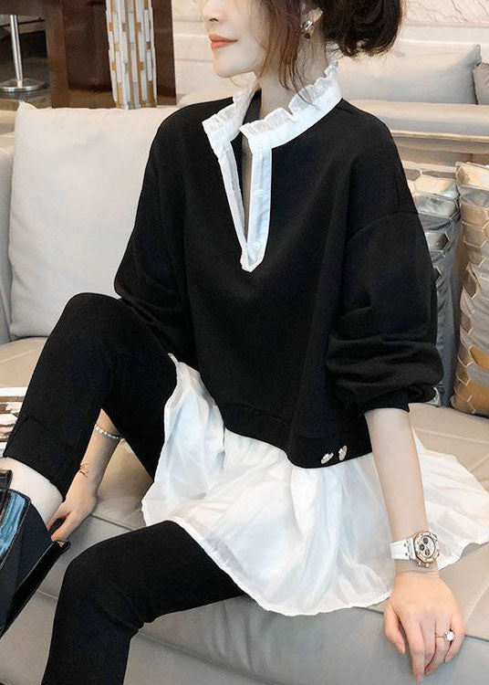 DIY Black Ruffled Patchwork Cotton Fake Two Piece Shirts Spring