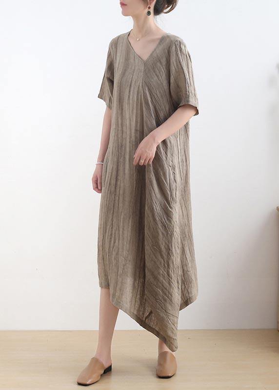 Diy Khaki asymmetrical design V Neck Long Summer Linen Dress - SooLinen
