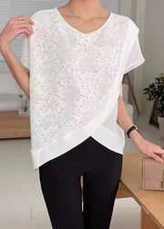 Diy Navy Asymmetrical Lace Patchwork Chiffon Shirt Tops Summer