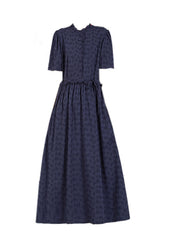 Diy Navy Blue Print Ruffled Button Linen Maxi Dresses Short Sleeve