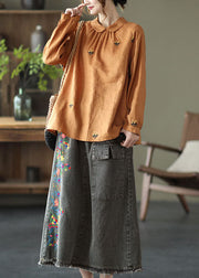 Diy Orange Wrinkled Embroidered Patchwork Linen Shirts Long Sleeve
