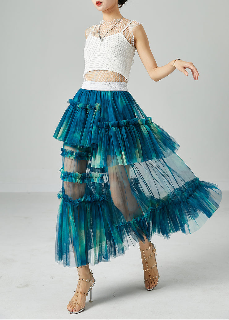 Diy Peacock Blue Asymmetrical Tie Dye Wrinkled Tulle Skirt Summer