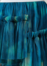Diy Peacock Blue Asymmetrical Tie Dye Wrinkled Tulle Skirt Summer