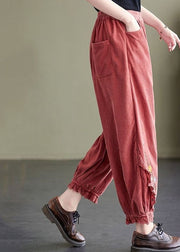 Diy Pink Elastic Waist Embroidered Warm Fleece Corduroy Harem Pants Spring