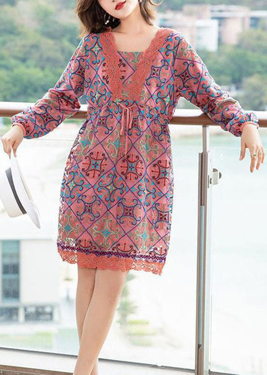 Diy Pink Lace Cinched Patchwork Print Chiffon A line Dress Spring