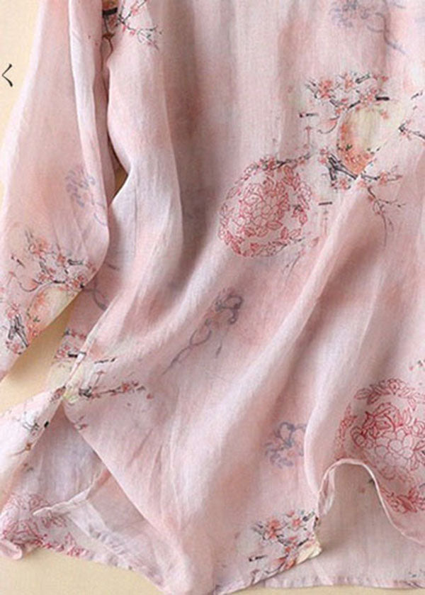 Diy Pink O-Neck Print Side Open Cotton Linen Tops Half Sleeve