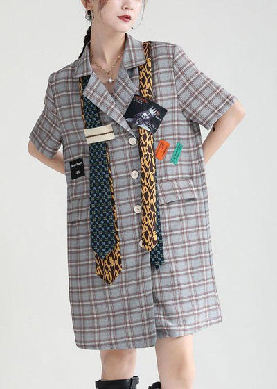 Diy Plaid Peter Pan Collar Pockets Summer Short Sleeve Dress - SooLinen