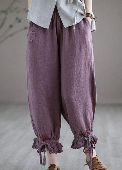 Diy Purple Casual Embroideried Summer Harem Linen Pants - SooLinen