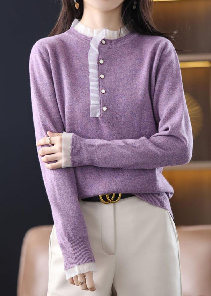 Diy Purple Ruffled Patchwork Wool Knit Short Sweater Spring