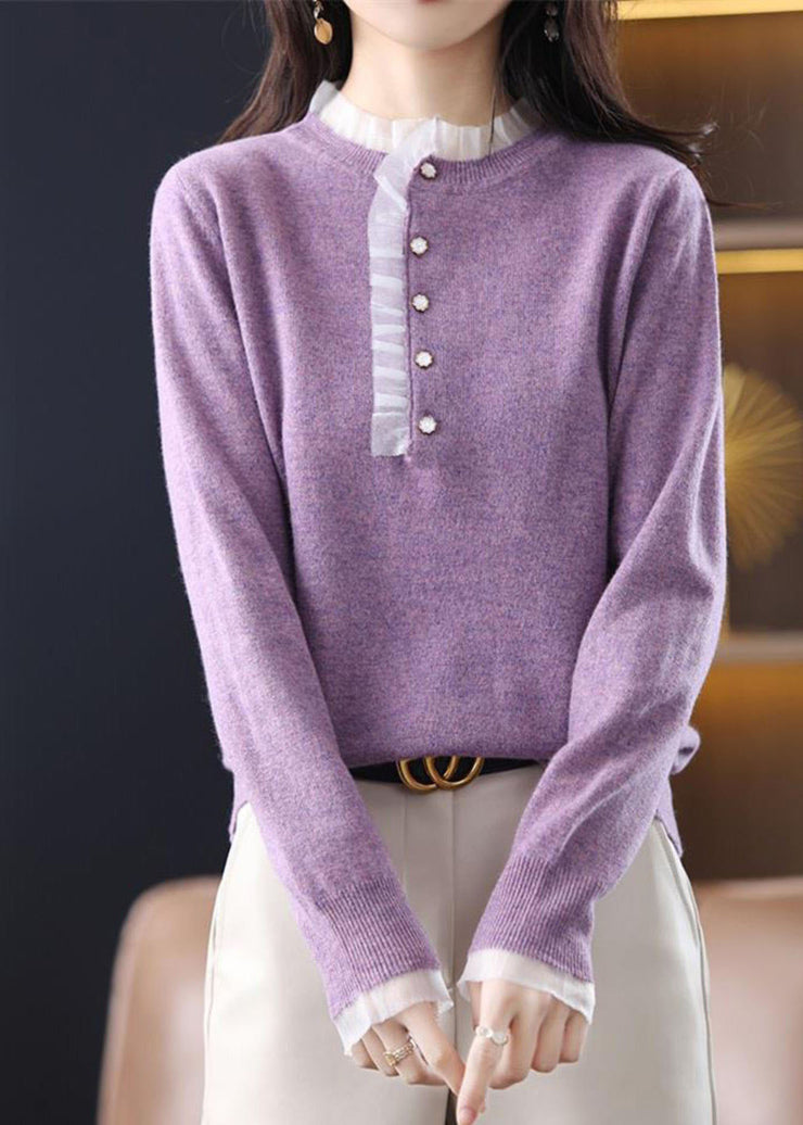 Diy Purple Ruffled Patchwork Wool Knit Short Sweater Spring