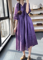 Diy Purple V Neck Cinched Lace Patchwork Exra Large Hem Cotton Dresses Lantern Sleeve