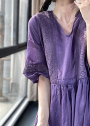 Diy Lila V-Ausschnitt Cinched Lace Patchwork Extra Großer Saum Baumwollkleider Laternenärmel
