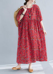 Diy Red Pockets Print Cotton Maxi Dresses Cinched - SooLinen