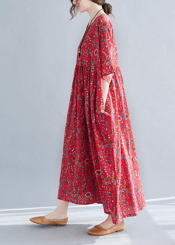 Diy Red Pockets Print Cotton Maxi Dresses Cinched - SooLinen