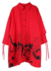 Diy Red Print Fashion Asymmetrical Design Pockets Top - SooLinen