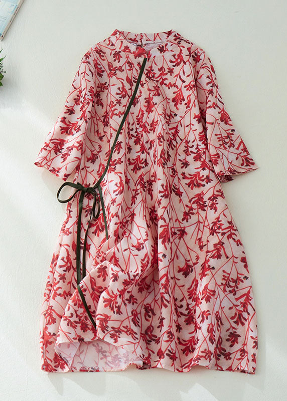 Diy Red Stand Collar Print Button Linen Holiday Cinch Dress Half Sleeve
