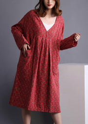 Diy Red V Neck Dress Print Spring Maxi Dresses - SooLinen