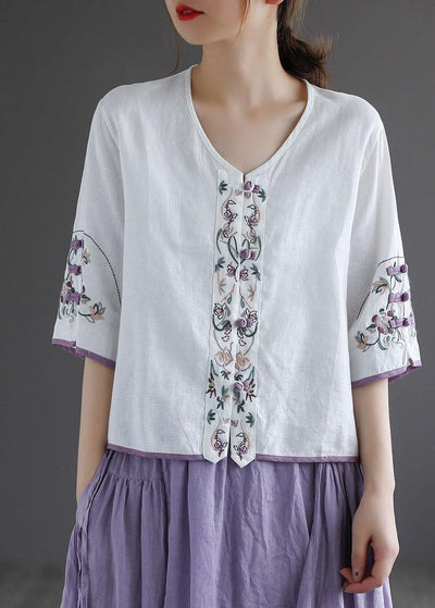 Diy White Button Embroideried Summer Linen Half Sleeve Shirt Top - SooLinen