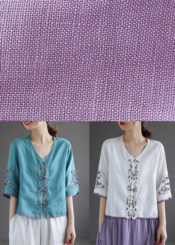 Diy White Button Embroideried Summer Linen Half Sleeve Shirt Top - SooLinen