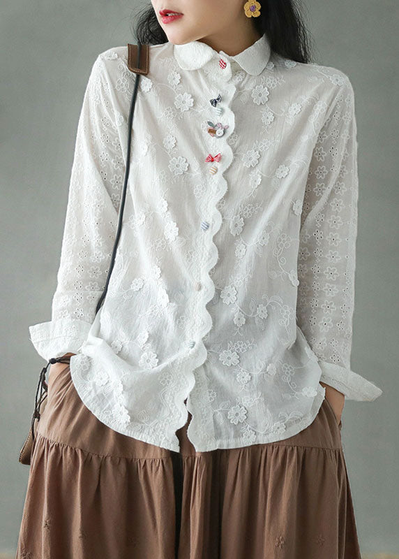 Diy White Embroidered Three-dimensional Floral Cotton Shirt Top Long Sleeve