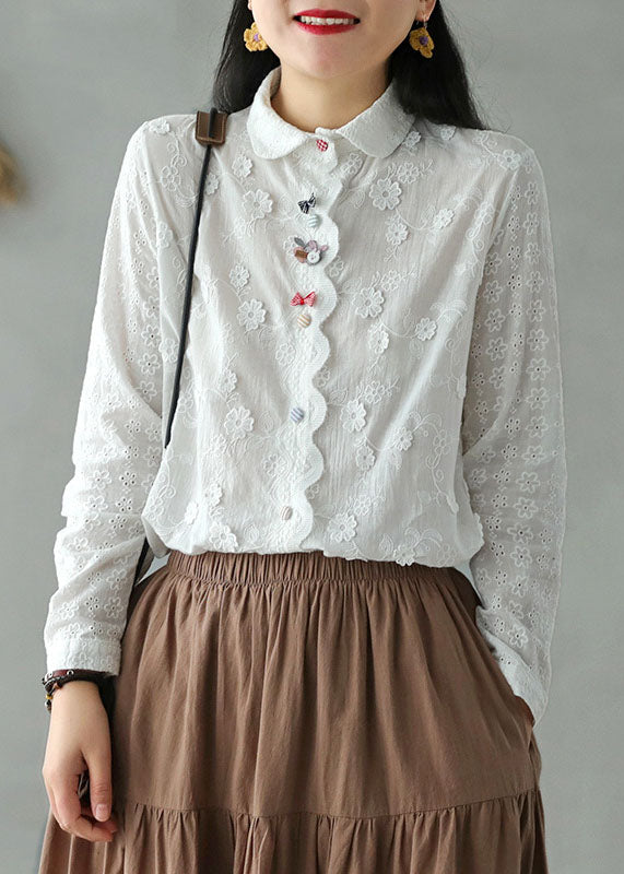 Diy White Embroidered Three-dimensional Floral Cotton Shirt Top Long Sleeve