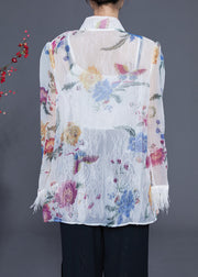 Diy White Print Patchwork Tassel Chinese Button Chiffon Shirts Summer