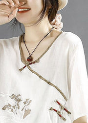 Diy White V Neck Embroidered Linen Tops Half Sleeve