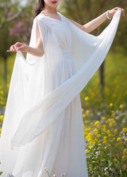 Diy White V Neck Wrinkled Patchwork Chiffon Dresses Summer