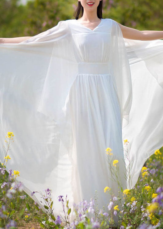 Diy White V Neck Wrinkled Patchwork Chiffon Dresses Summer