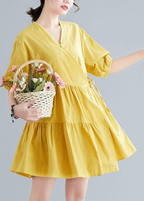Diy Yellow Button asymmetrical design Summer Cotton Dress - SooLinen