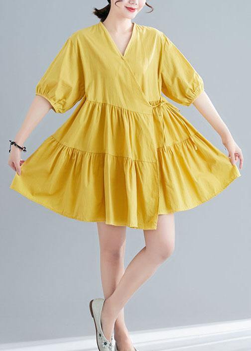 Diy Yellow Button asymmetrical design Summer Cotton Dress - SooLinen