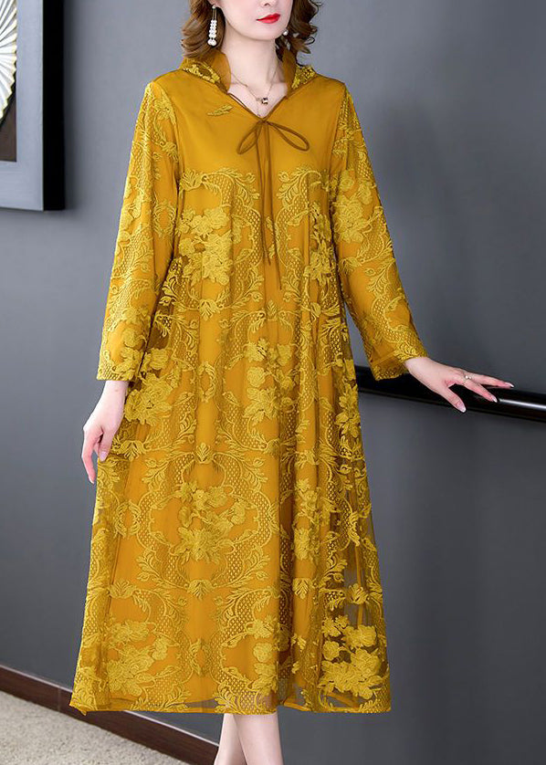 Diy Yellow Hooded Embroidered Lace Up Silk A Line Dresses Spring