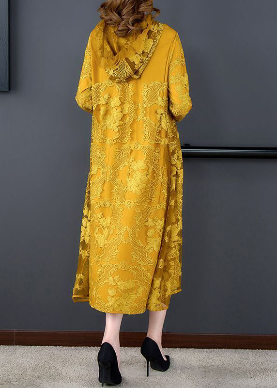 Diy Yellow Hooded Embroidered Lace Up Silk A Line Dresses Spring
