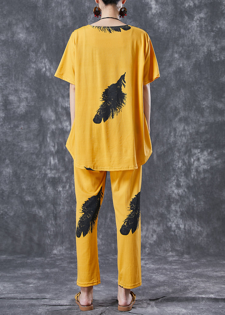 Diy Yellow Oversized Feathers Print Cotton Two Pieces Set Summer