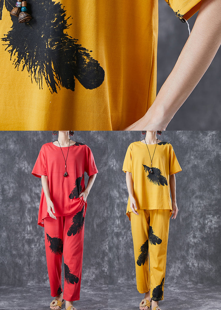 Diy Yellow Oversized Feathers Print Cotton Two Pieces Set Summer