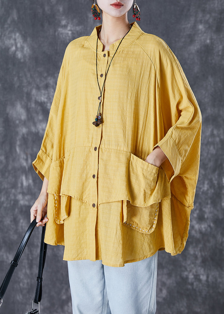 Diy Yellow Oversized Patchwork Linen Shirt Tops Batwing Sleeve