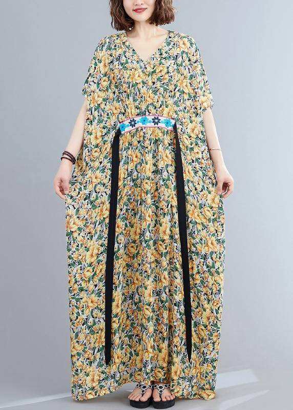 Diy Yellow Print Loose Long Summer Cotton Dress - SooLinen
