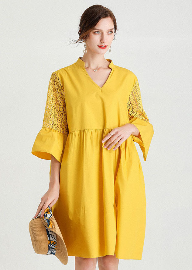 Diy Yellow V Neck Hollow Out Lace Patchwork Cotton Dresses Summer