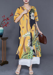 Diy Yellow V Neck Print Draping Silk Ankle Dress Summer