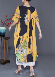 Diy Yellow V Neck Print Draping Silk Ankle Dress Summer