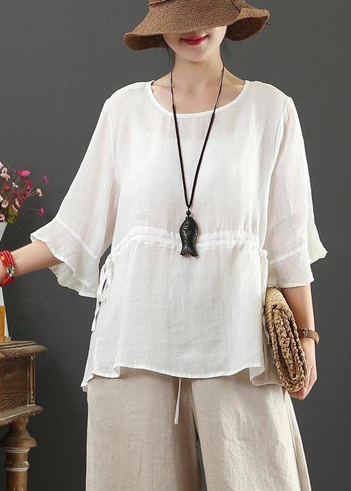 Drawstring Cotton Linen Flared Sleeve Summer Shirt - SooLinen