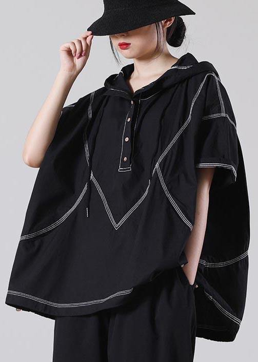 Drawstring Elegant Black drawstring Cotton Blouses Summer - SooLinen