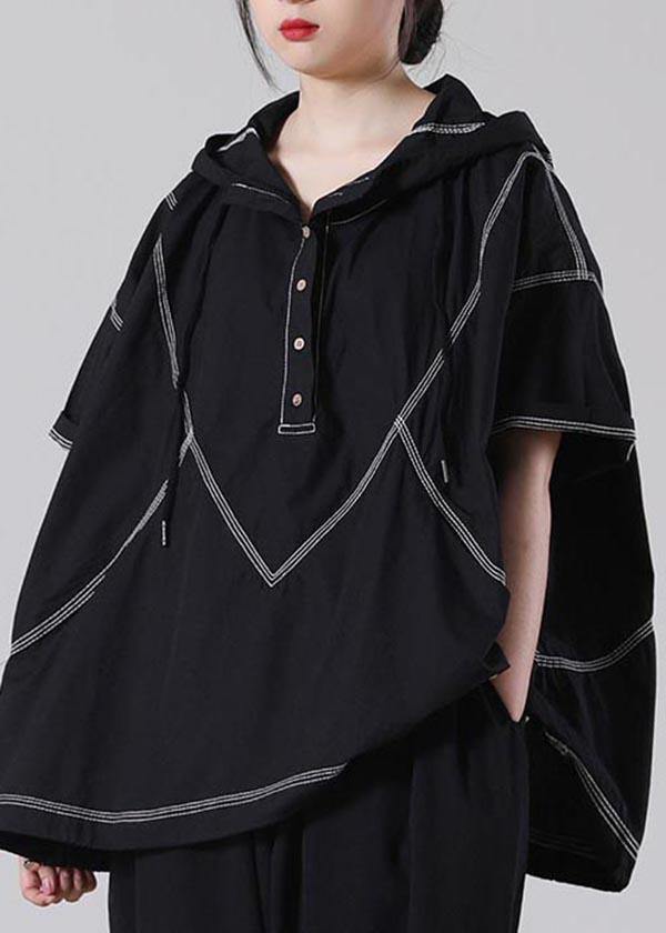 Drawstring Elegant Black drawstring Cotton Blouses Summer - SooLinen