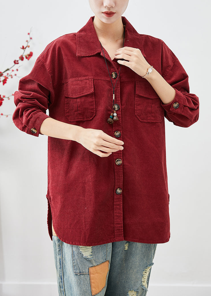 Dull Red Corduroy Shirt Coats Oversized Button Down Fall