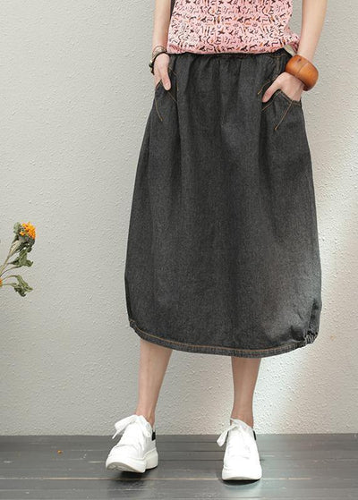 Elastic waist mid-length half-length denim skirt loose loose  wild A-line skirt - SooLinen