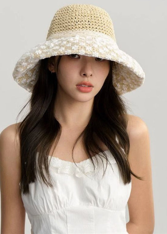 Elegant  Beige Hollow Out Lace Patchwork Straw Woven Bucket Hat